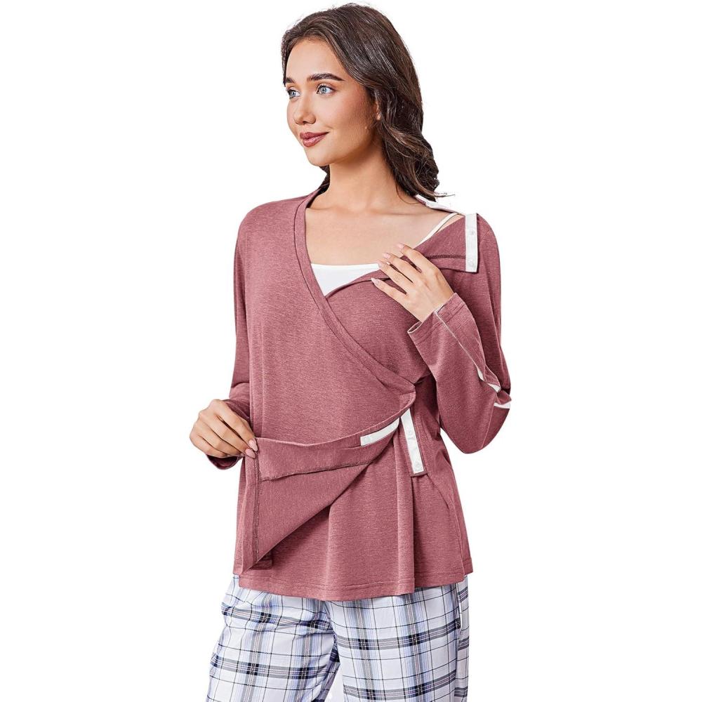 imageDeyeek Womens Post Shoulder Surgery Shirts Long Sleeve VNeck Wrap Chemo Blouse Easy Access Adaptive Snap On Dialysis ShirtsCoral Red