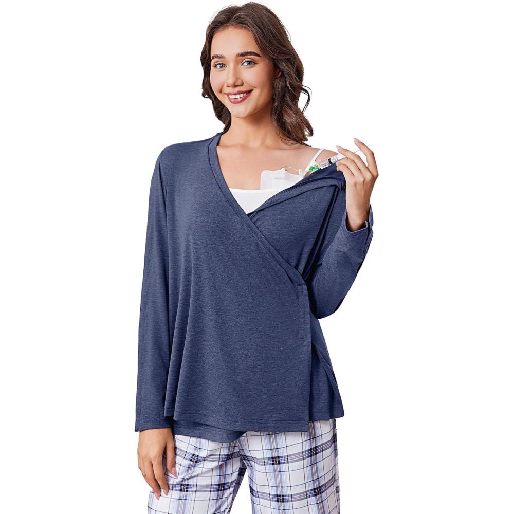 imageDeyeek Womens Post Shoulder Surgery Shirts Long Sleeve VNeck Wrap Chemo Blouse Easy Access Adaptive Snap On Dialysis ShirtsNavy Blue