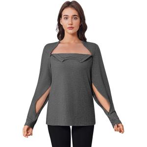 Deyeek Chemo Shirts for Port Access Women Long Sleeve Shoulder Post Surgery Shirt Dialysis Sweatshirts with Arm Zipper(Dark Gray)