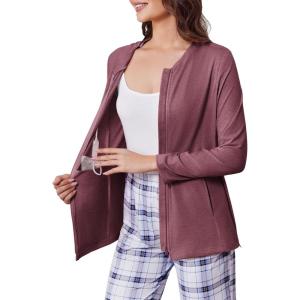 Deyeek Mastectomy Shirts with Drain Pockets Post Shoulder Surgery Tops for Women Chemo Port Long Sleeve with Zippers(Dark Red)