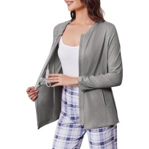 Deyeek Mastectomy Shirts with Drain Pockets Post Shoulder Surgery Tops for Women Chemo Port Long Sleeve with Zippers(Grey)
