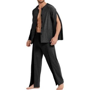 Deyeek Post Shoulder Surgery Shirts for Men Chemo Port Shirts Dialysis Patient Care Tear Away Cotton Pajamas Set(Black)