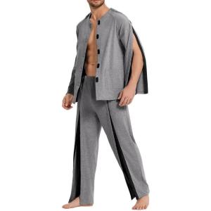 Deyeek Post Shoulder Surgery Shirts for Men Chemo Port Shirts Dialysis Patient Care Tear Away Cotton Pajamas Set(Dark Gray)