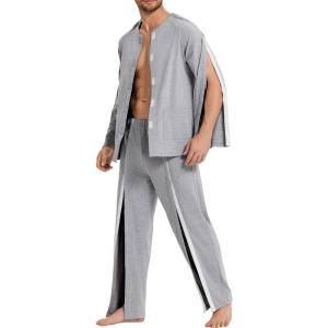 Deyeek Post Shoulder Surgery Shirts for Men Chemo Port Shirts Dialysis Patient Care Tear Away Cotton Pajamas Set(Light Gray)