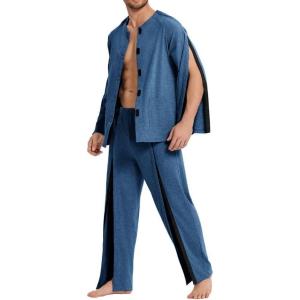 Deyeek Post Shoulder Surgery Shirts for Men Chemo Port Shirts Dialysis Patient Care Tear Away Cotton Pajamas Set(Navy)