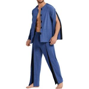 Deyeek Post Shoulder Surgery Shirts for Men Chemo Port Shirts Dialysis Patient Care Tear Away Cotton Pajamas Set(Peacock Blue)