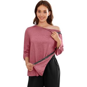 Deyeek Post Shoulder Surgery Shirts for Women Tear Away 3/4 Tops After Rotator Cuff Shirts Chemo Port Adaptive Clothing(Red)