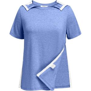 Deyeek Post Shoulder Surgery Shirts for Women Tear Away Side Snap Chemo Port Shirts Short Sleeve Adaptive Clothing(Blue)