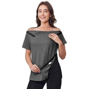 Deyeek Post Shoulder Surgery Shirts for Women Tear Away Side Snap Chemo Port Shirts Short Sleeve Adaptive Clothing(Dark Gray)