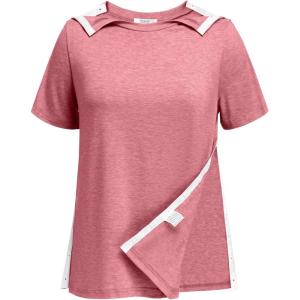 Deyeek Post Shoulder Surgery Shirts for Women Tear Away Side Snap Chemo Port Shirts Short Sleeve Adaptive Clothing(Dark Pink)
