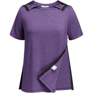 Deyeek Post Shoulder Surgery Shirts for Women Tear Away Side Snap Chemo Port Shirts Short Sleeve Adaptive Clothing(Dark Purple)