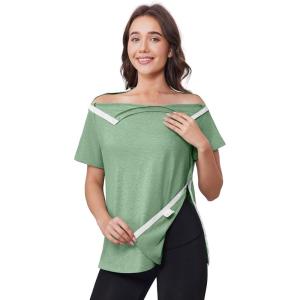 Deyeek Post Shoulder Surgery Shirts for Women Tear Away Side Snap Chemo Port Shirts Short Sleeve Adaptive Clothing(Light Green)