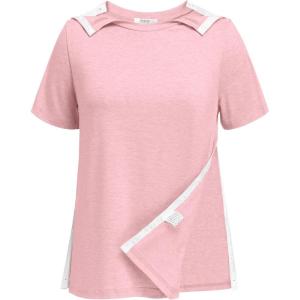 Deyeek Post Shoulder Surgery Shirts for Women Tear Away Side Snap Chemo Port Shirts Short Sleeve Adaptive Clothing(Pink)