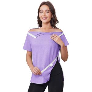 Deyeek Post Shoulder Surgery Shirts for Women Tear Away Side Snap Chemo Port Shirts Short Sleeve Adaptive Clothing(Purple)