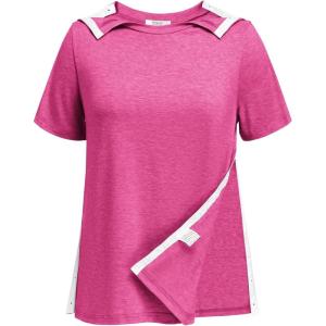Deyeek Post Shoulder Surgery Shirts for Women Tear Away Side Snap Chemo Port Shirts Short Sleeve Adaptive Clothing(Rose Red)