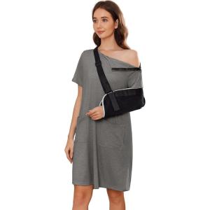 Deyeek Women’s Post Shoulder Surgery dress Tear Away Short Sleeve Full Open Side Snap Adaptive Clothing with Pockets(Grey)