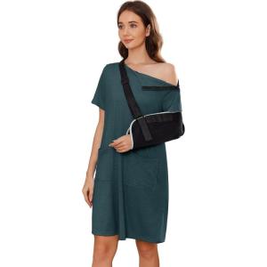 Deyeek Women’s Post Shoulder Surgery dress Tear Away Short Sleeve Full Open Side Snap Adaptive Clothing with Pockets(Lake Green)