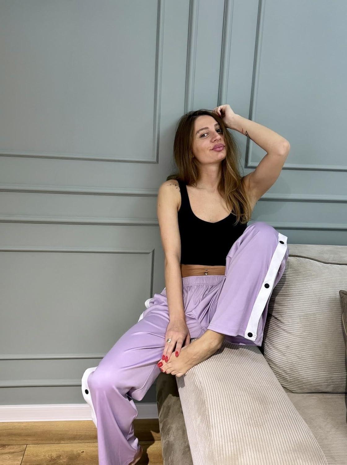imageDeyeek Womens Tear Away Pants Side Split Snap Open Bottom Sweatpants Leg Breakaway Post Surgery Pants with Pockets 2XL Light Purple