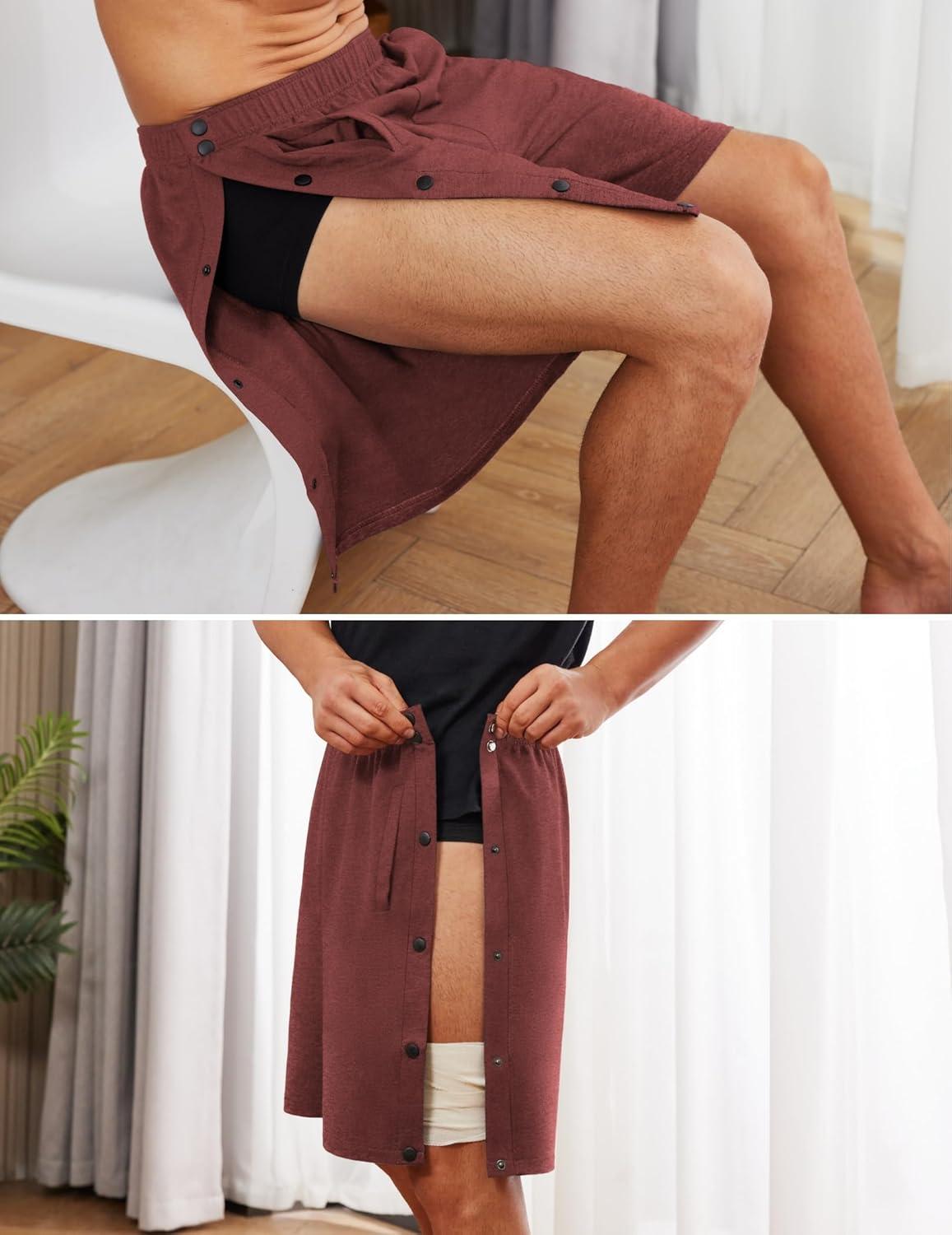 imageDeyeek Mens Tear Away Shorts Post Surgery Recovery Side Snap Shorts Color Block Cotton Break Away Pants with PocketsBurgundy