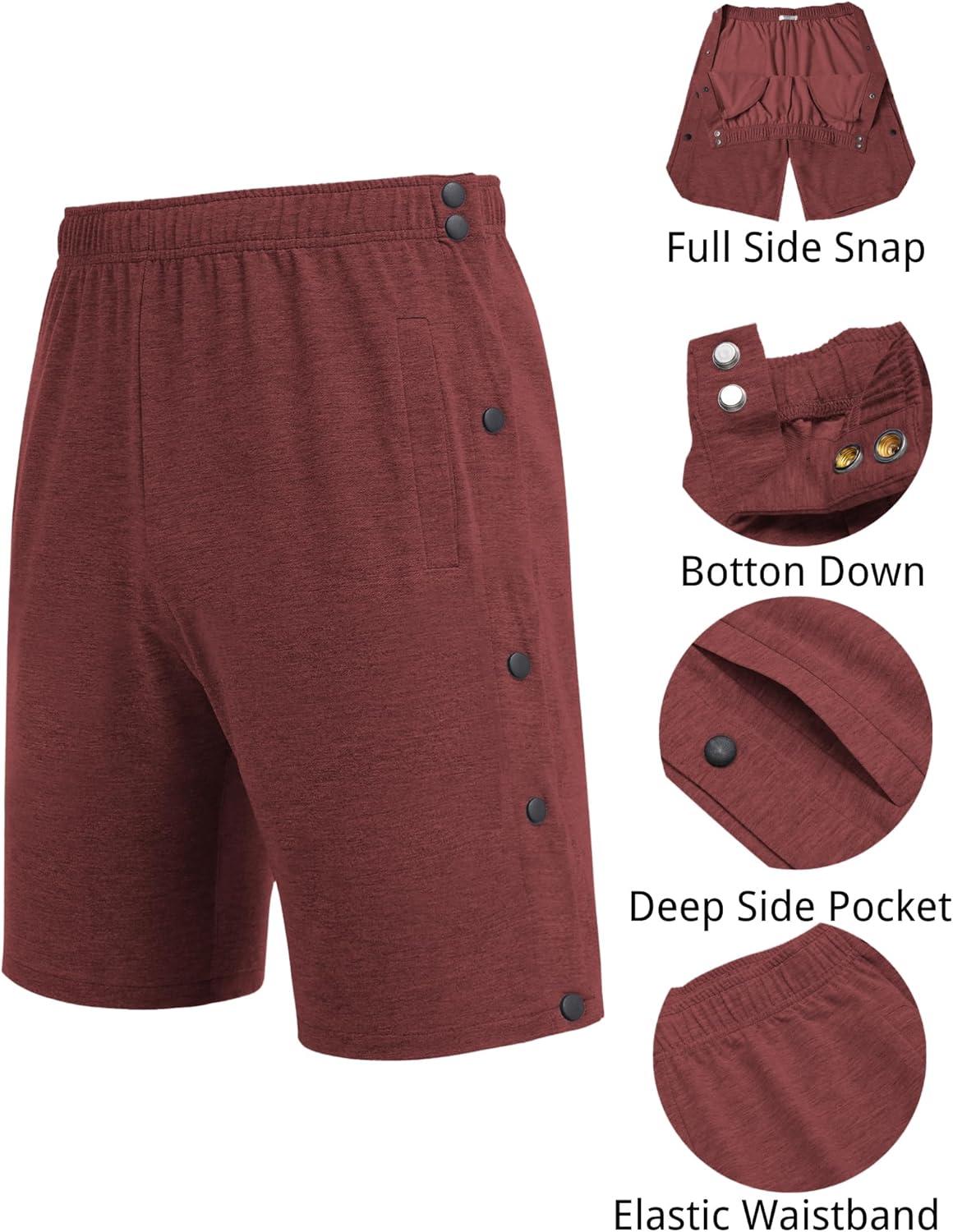 imageDeyeek Mens Tear Away Shorts Post Surgery Recovery Side Snap Shorts Color Block Cotton Break Away Pants with PocketsBurgundy