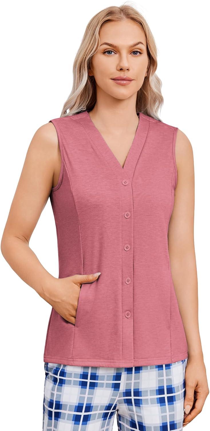 imageDeyeek Womens Mastectomy Shirts with Drain Pockets Post Shoulder Surgery Snap Tank Tops VNeck Chemo Shirts for Ports AccessCoral Red