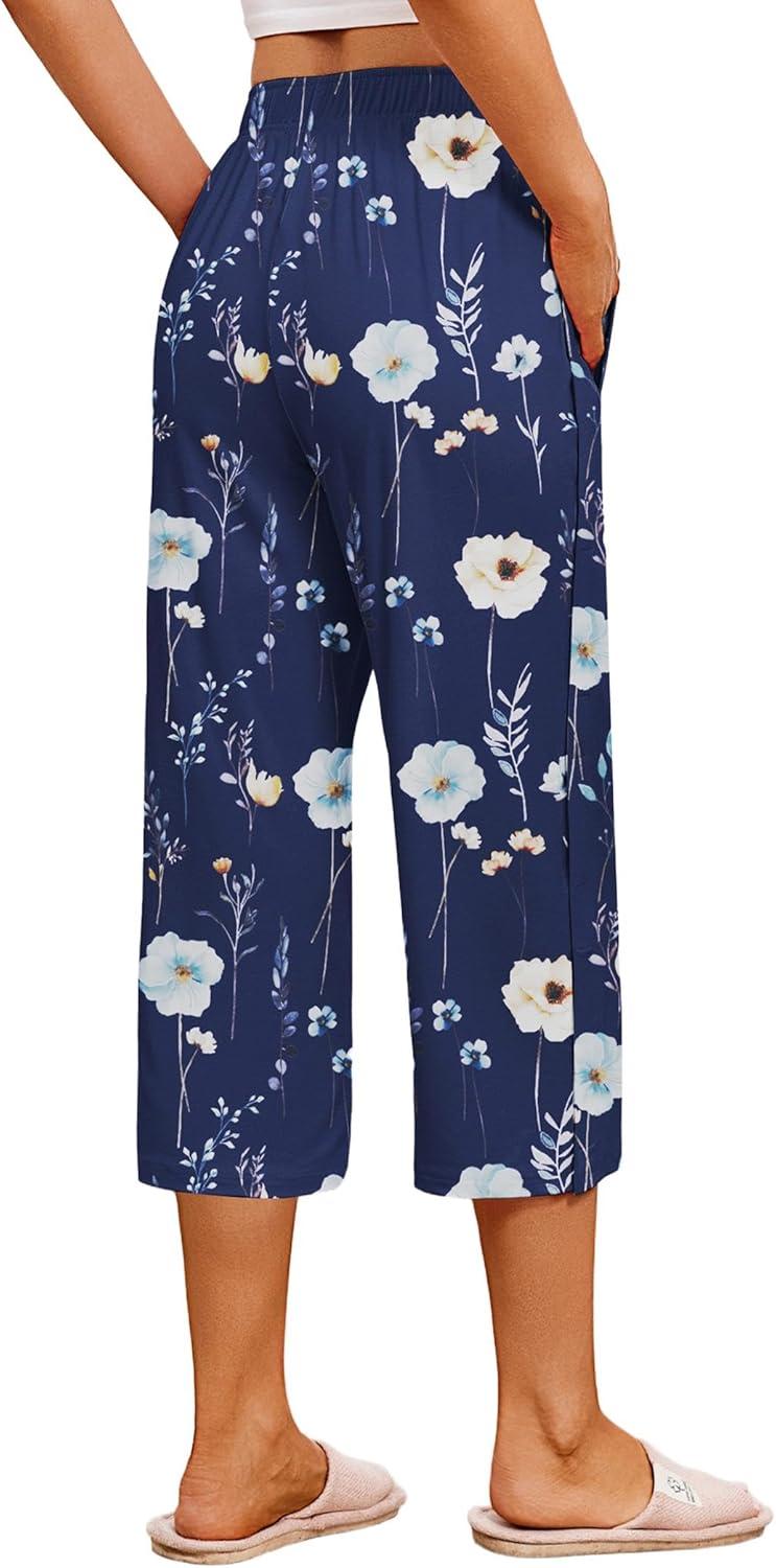 imageDeyeek Womens Tear Away Breakaway Capri Pants Post Surgery Recovery Hip Knee Ankle Replacement Adaptive Magic Tape Wide LegBue Print