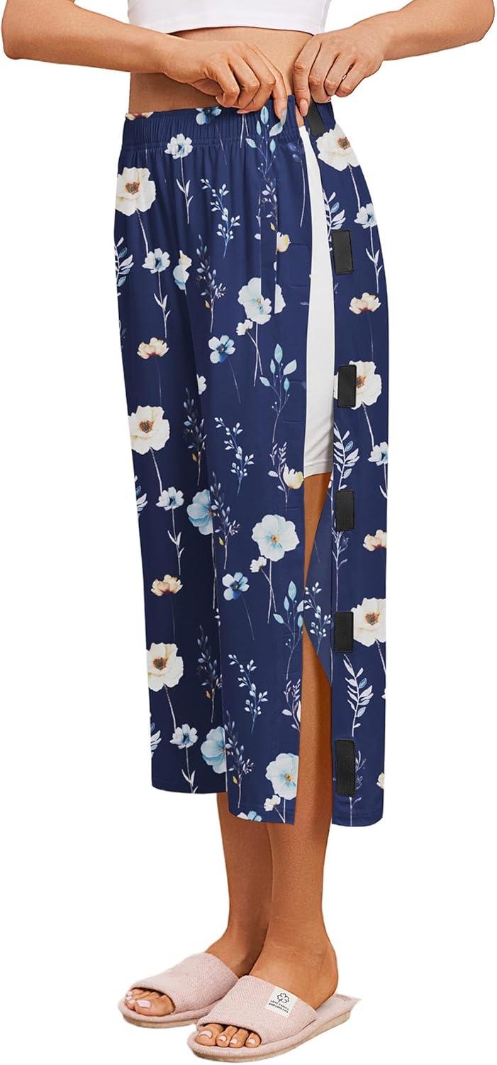 imageDeyeek Womens Tear Away Breakaway Capri Pants Post Surgery Recovery Hip Knee Ankle Replacement Adaptive Magic Tape Wide LegBue Print