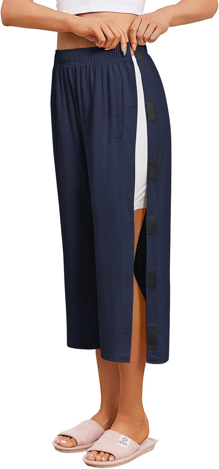 imageDeyeek Womens Tear Away Breakaway Capri Pants Post Surgery Recovery Hip Knee Ankle Replacement Adaptive Magic Tape Wide LegNavy Blue