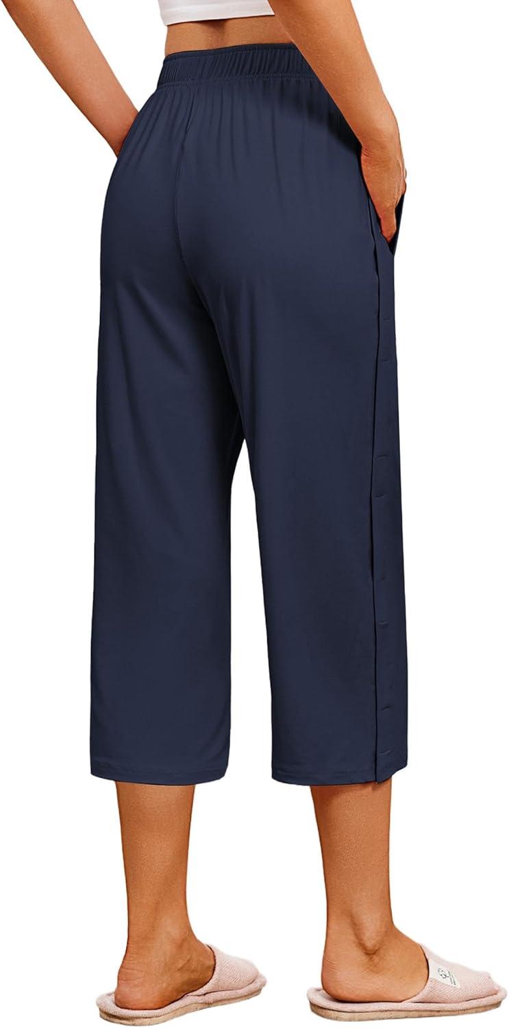 imageDeyeek Womens Tear Away Breakaway Capri Pants Post Surgery Recovery Hip Knee Ankle Replacement Adaptive Magic Tape Wide LegNavy Blue
