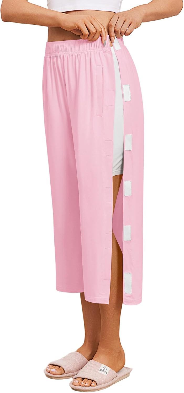 imageDeyeek Womens Tear Away Breakaway Capri Pants Post Surgery Recovery Hip Knee Ankle Replacement Adaptive Magic Tape Wide LegPink