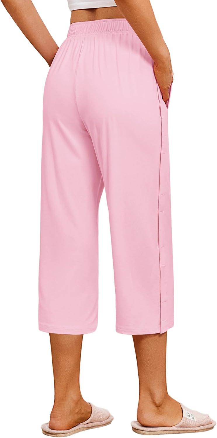 imageDeyeek Womens Tear Away Breakaway Capri Pants Post Surgery Recovery Hip Knee Ankle Replacement Adaptive Magic Tape Wide LegPink