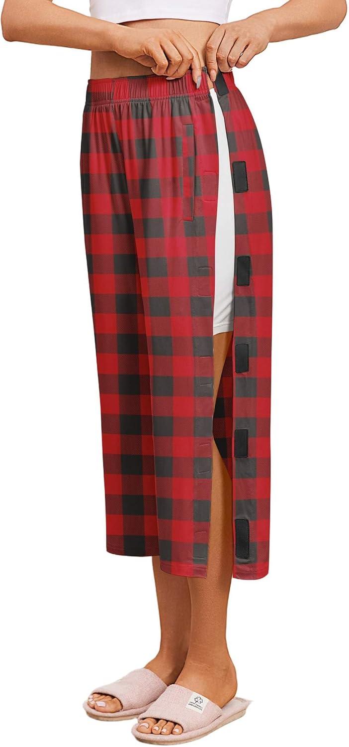 imageDeyeek Womens Tear Away Breakaway Capri Pants Post Surgery Recovery Hip Knee Ankle Replacement Adaptive Magic Tape Wide LegRed Print