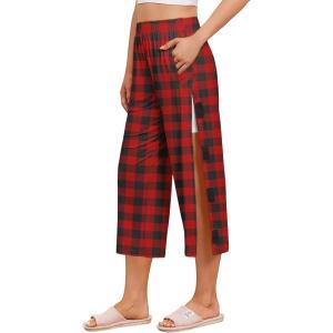 Deyeek Women’s Tear Away Breakaway Capri Pants Post Surgery Recovery Hip Knee Ankle Replacement Adaptive Magic Tape Wide Leg(Red Print)