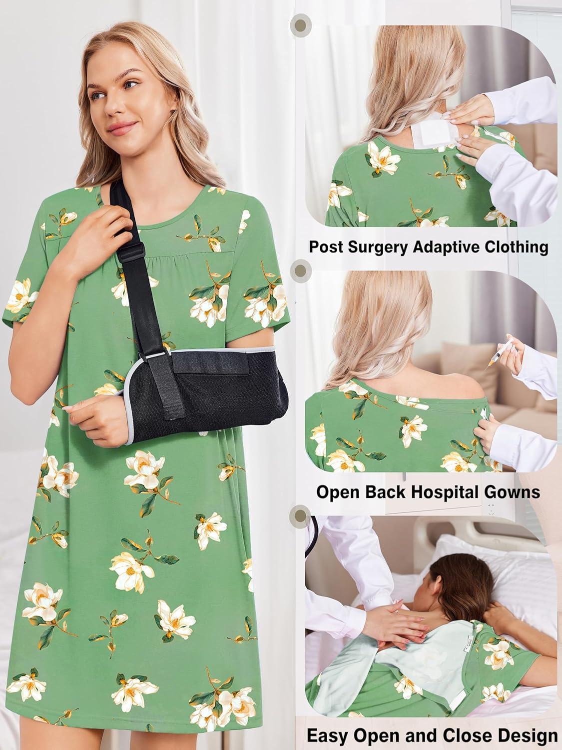 imageDeyeek Hospital Gowns for Women Tear Away Snap Open Back Dress Post Shoulder Surgery Dresses Soft Adaptive Clothing NightgownGreen Flower Print