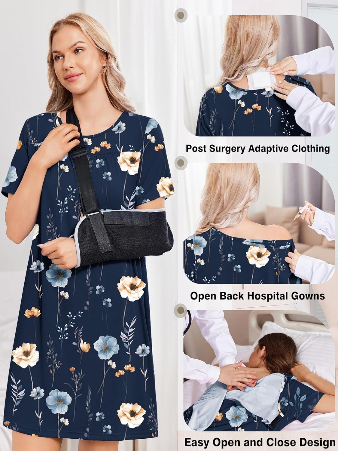 imageDeyeek Hospital Gowns for Women Tear Away Snap Open Back Dress Post Shoulder Surgery Dresses Soft Adaptive Clothing NightgownNavy Print