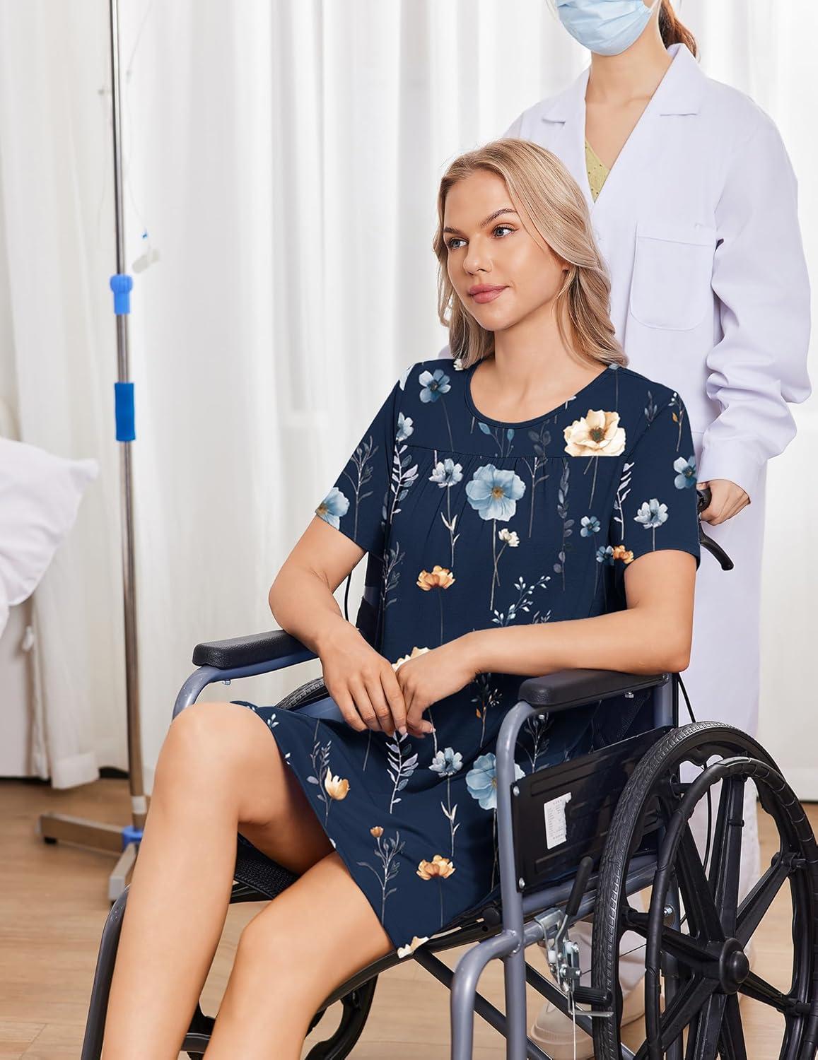 imageDeyeek Hospital Gowns for Women Tear Away Snap Open Back Dress Post Shoulder Surgery Dresses Soft Adaptive Clothing NightgownNavy Print