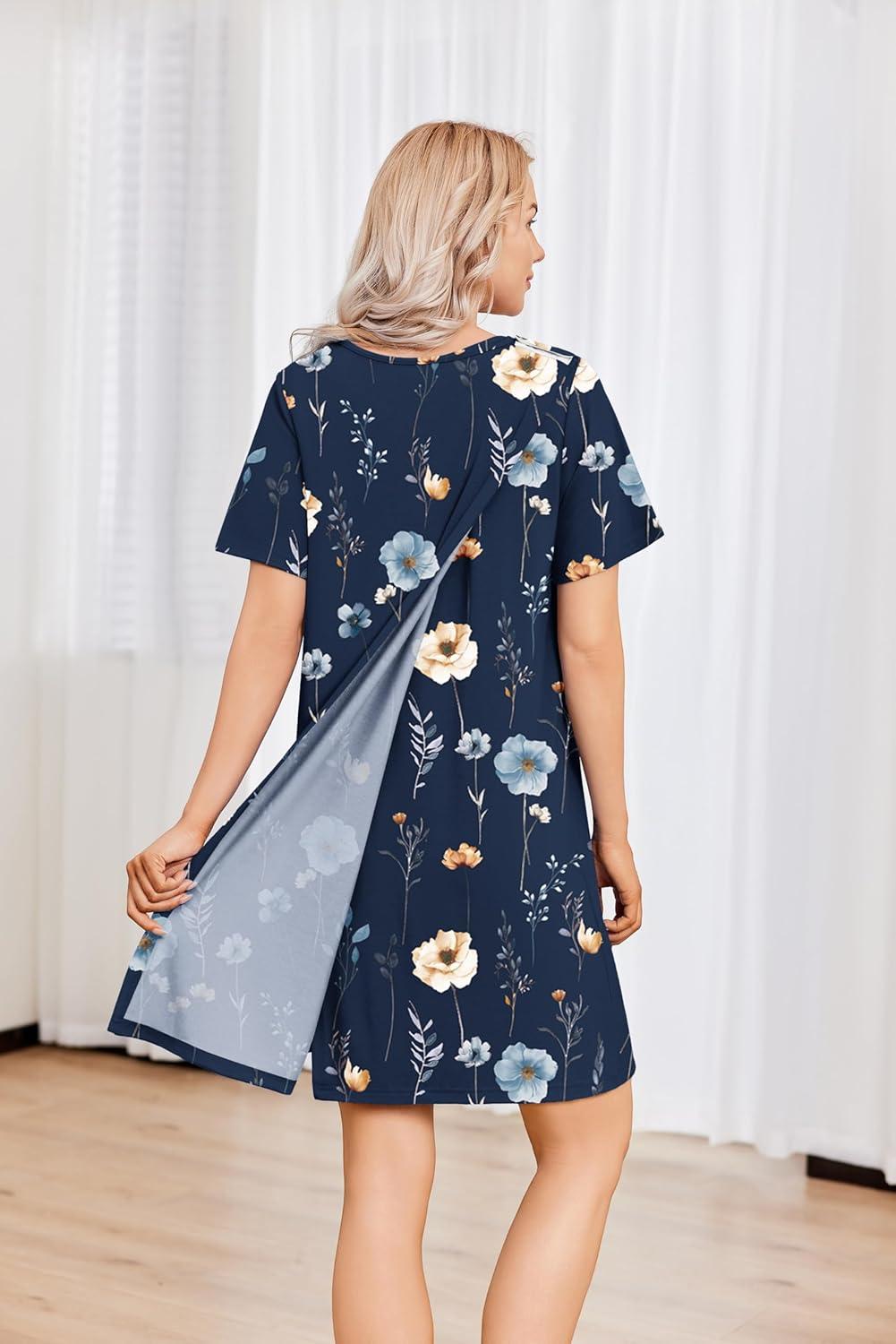 imageDeyeek Hospital Gowns for Women Tear Away Snap Open Back Dress Post Shoulder Surgery Dresses Soft Adaptive Clothing NightgownNavy Print