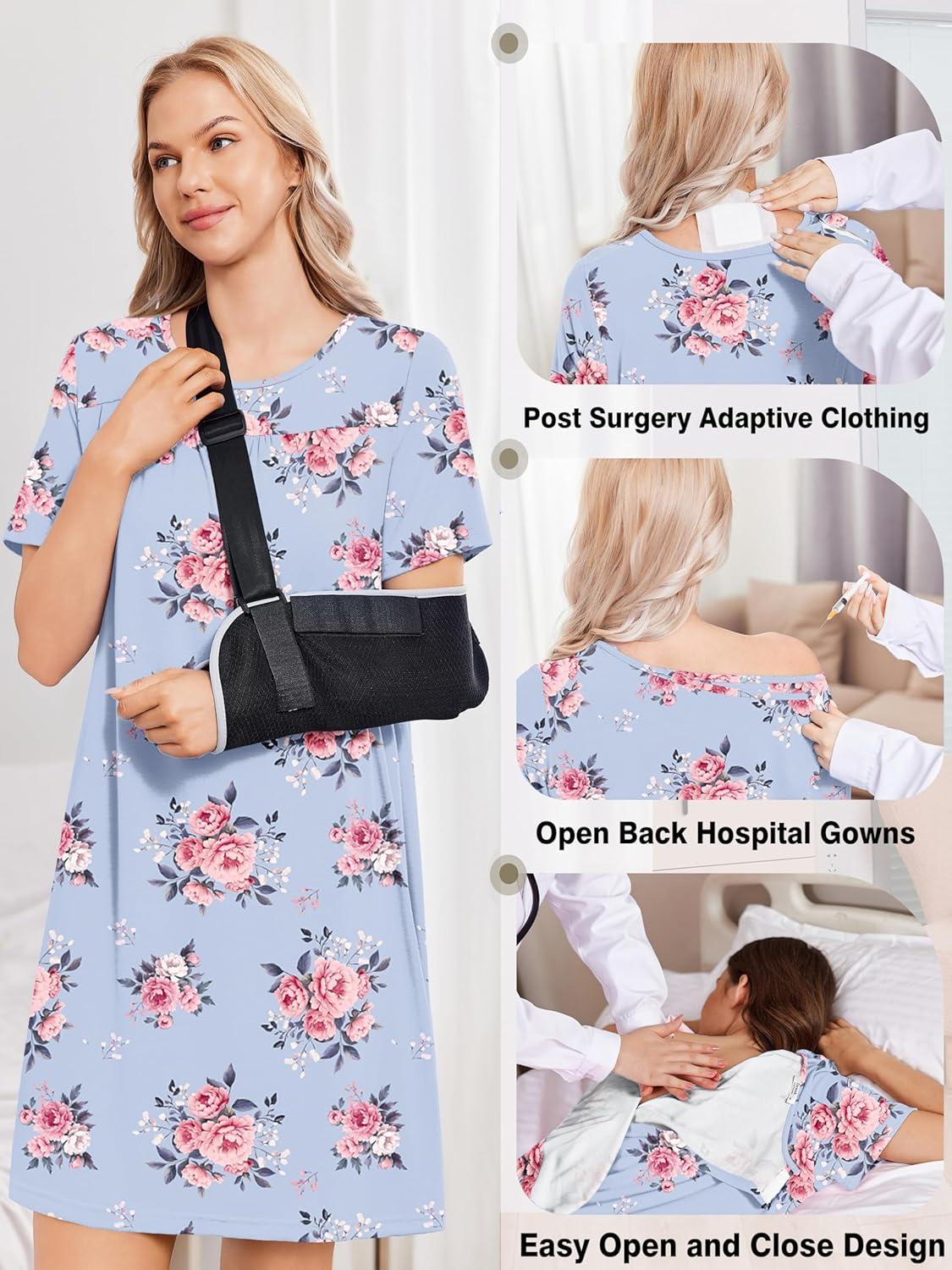 imageDeyeek Hospital Gowns for Women Tear Away Snap Open Back Dress Post Shoulder Surgery Dresses Soft Adaptive Clothing NightgownPurple Flower Print
