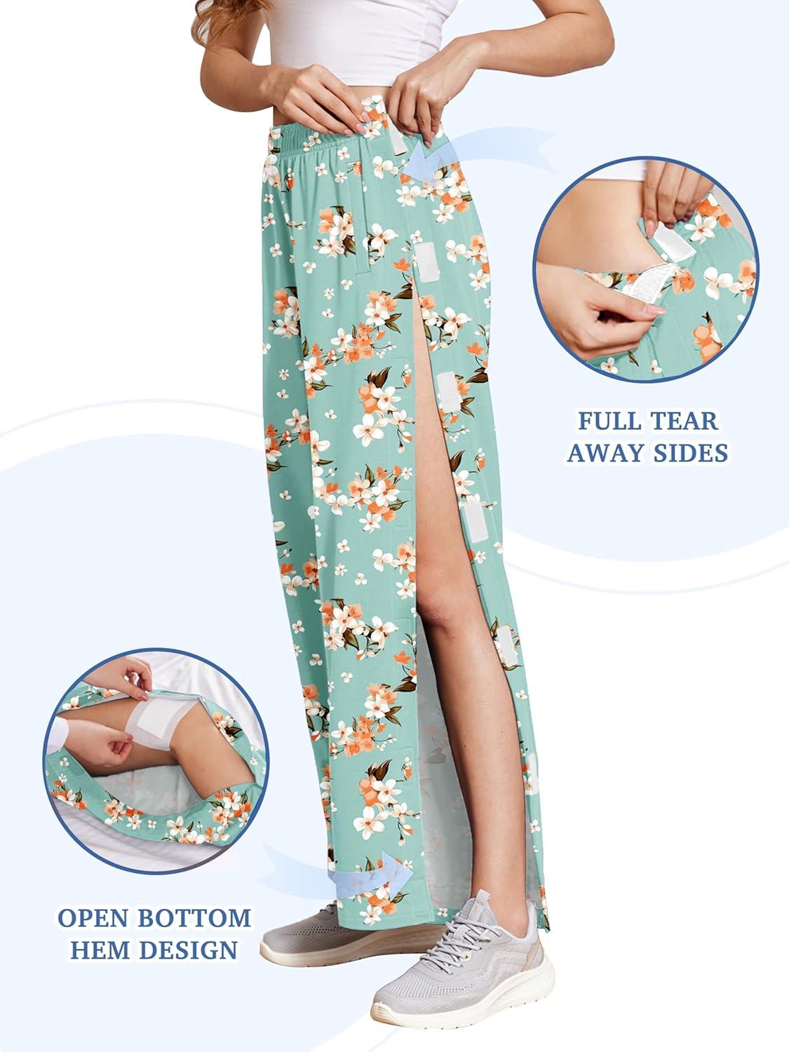 imageDeyeek Tear Away Pants for Women Side Full Open Sweatpants Loose Fit Casual Post Surgery Adaptive Clothing with PocketsGreen Print