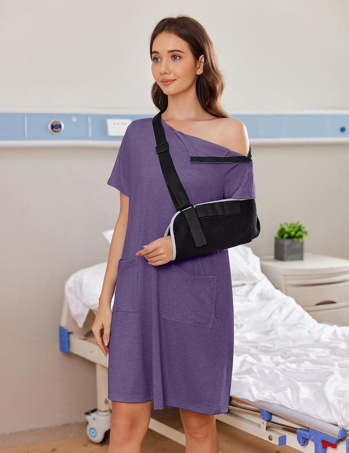 imageDeyeek Womens Post Shoulder Surgery dress Tear Away Short Sleeve Full Open Side Snap Adaptive Clothing with PocketsBright Purple