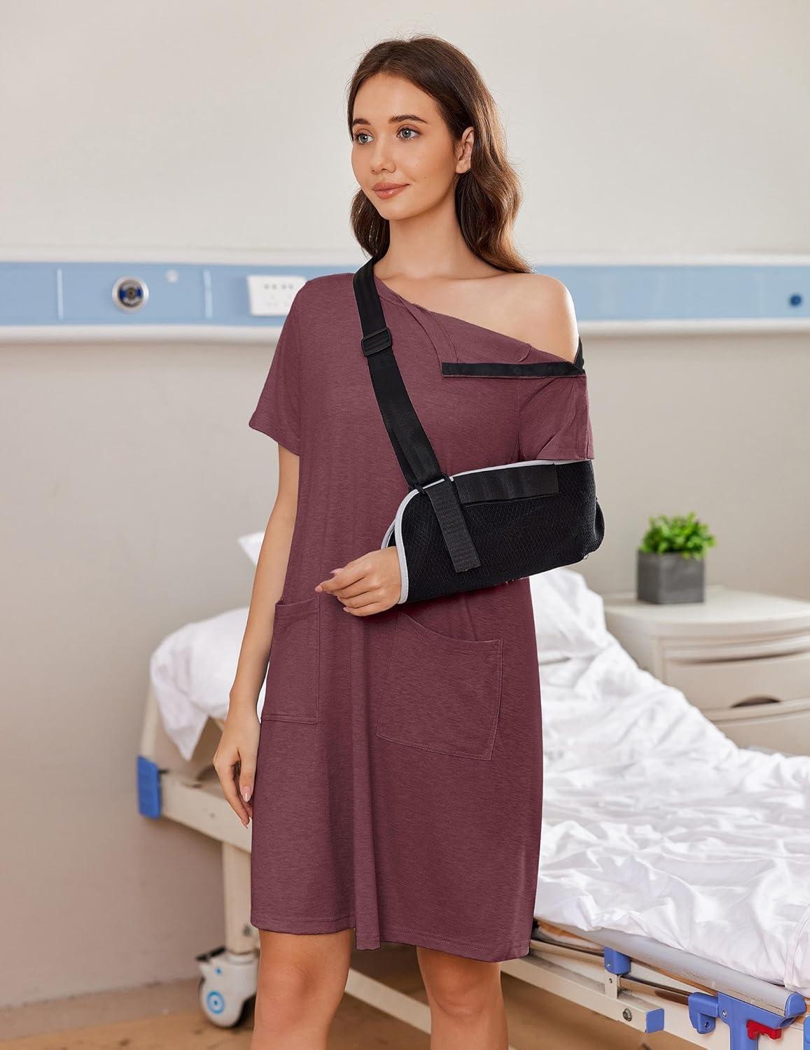 imageDeyeek Womens Post Shoulder Surgery dress Tear Away Short Sleeve Full Open Side Snap Adaptive Clothing with PocketsDark Red