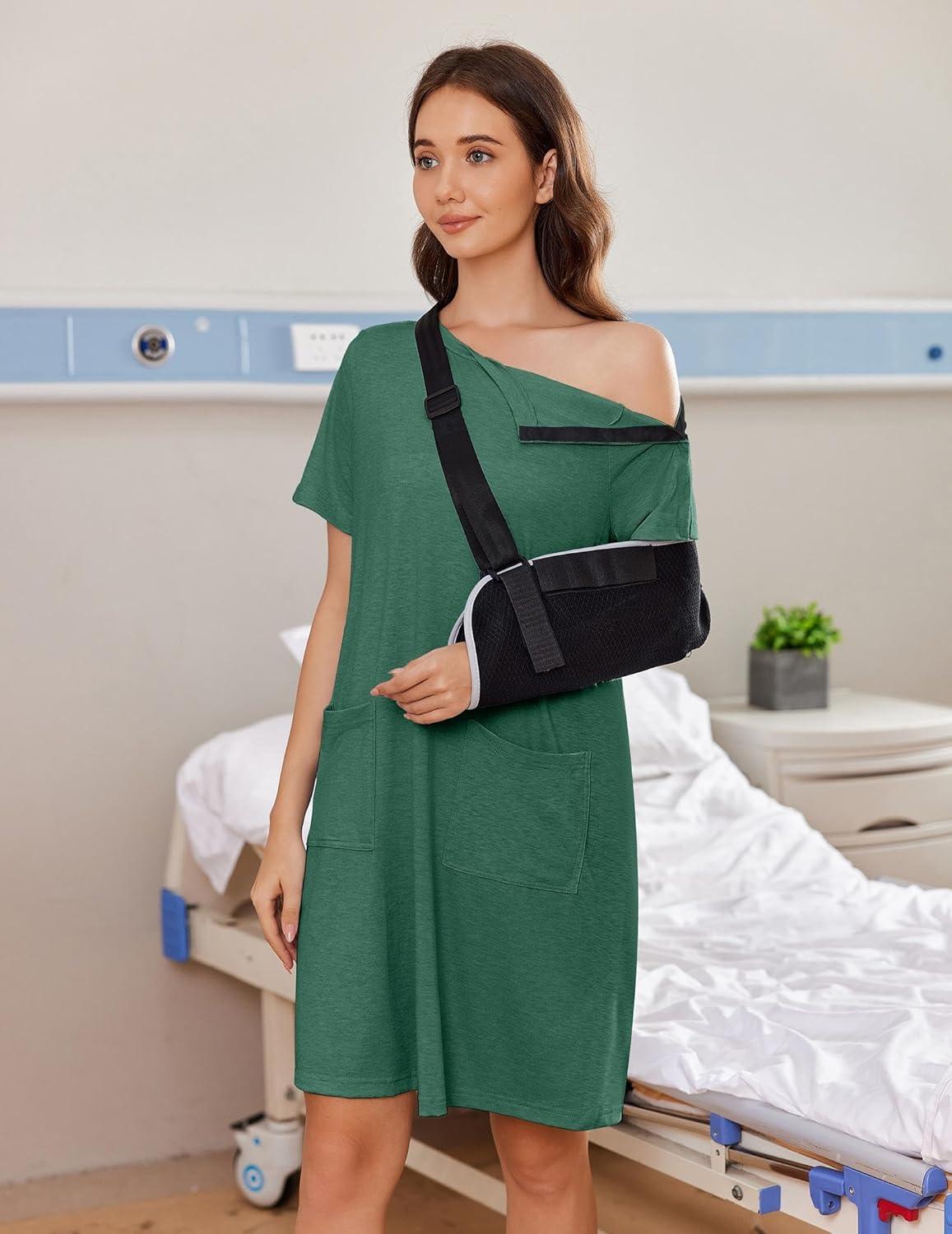 imageDeyeek Womens Post Shoulder Surgery dress Tear Away Short Sleeve Full Open Side Snap Adaptive Clothing with PocketsDeep Green