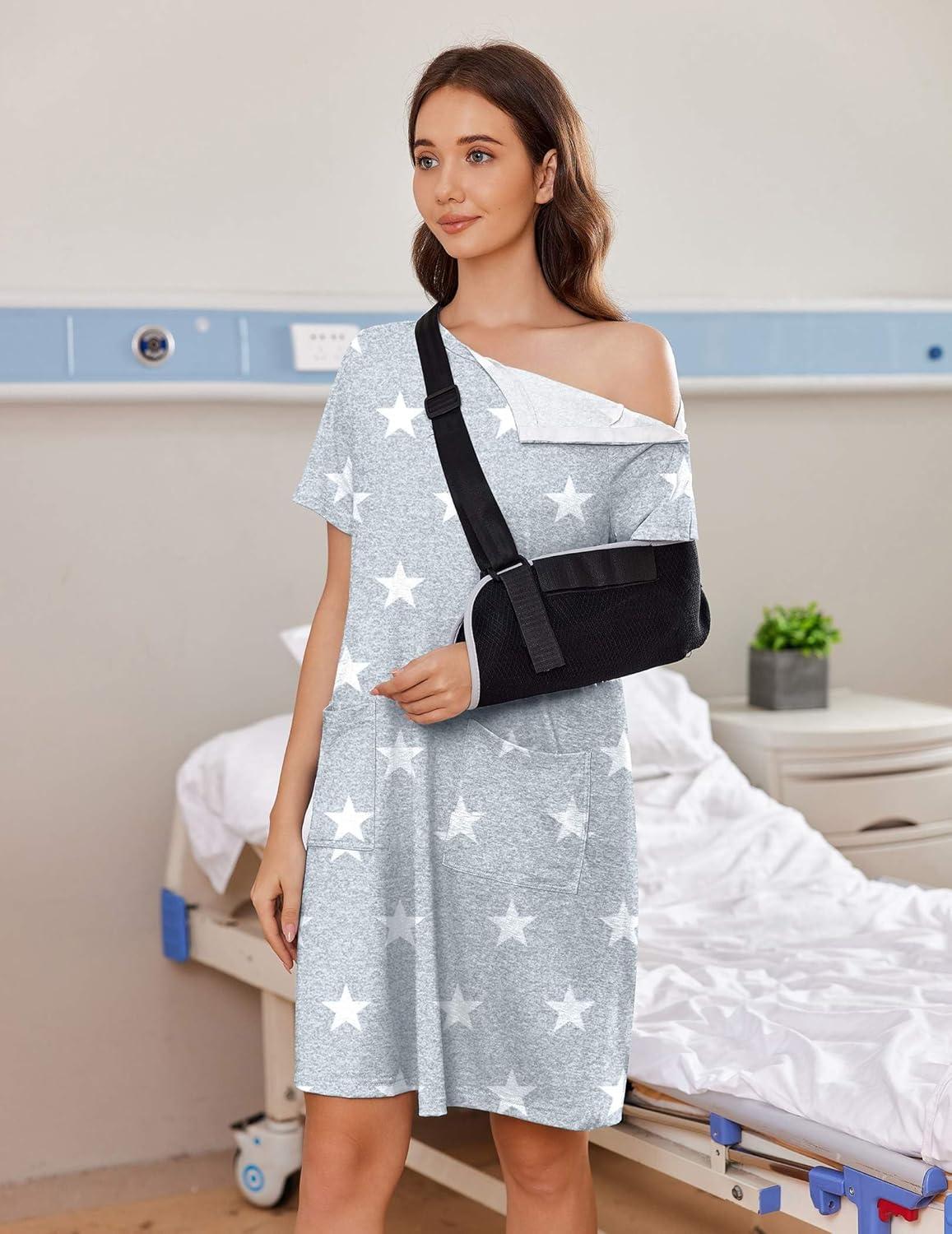 imageDeyeek Womens Post Shoulder Surgery dress Tear Away Short Sleeve Full Open Side Snap Adaptive Clothing with PocketsGrey Star