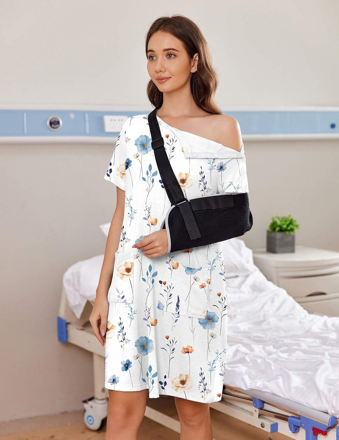 imageDeyeek Womens Post Shoulder Surgery dress Tear Away Short Sleeve Full Open Side Snap Adaptive Clothing with PocketsWhite Flower