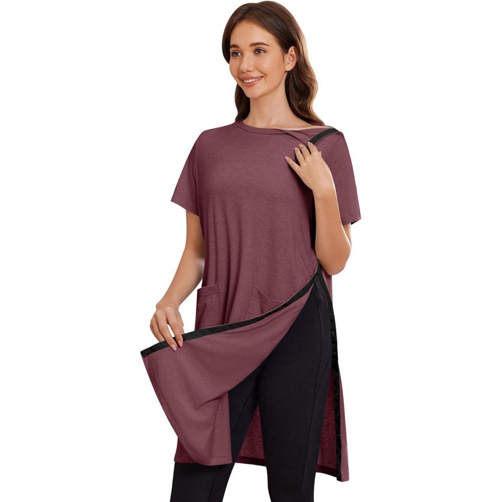 imageDeyeek Womens Post Shoulder Surgery dress Tear Away Short Sleeve Full Open Side Snap Adaptive Clothing with PocketsDark Red