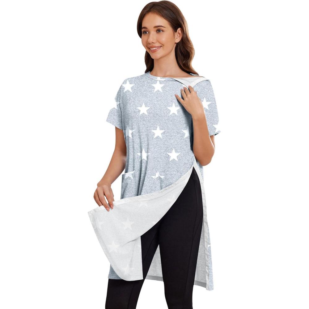 imageDeyeek Womens Post Shoulder Surgery dress Tear Away Short Sleeve Full Open Side Snap Adaptive Clothing with PocketsGrey Star