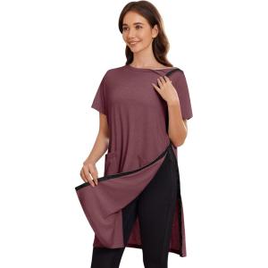 Deyeek Women’s Post Shoulder Surgery dress Tear Away Short Sleeve Full Open Side Snap Adaptive Clothing with Pockets(Dark Red)