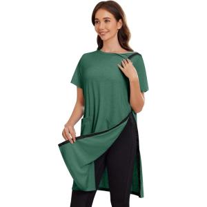 Deyeek Women’s Post Shoulder Surgery dress Tear Away Short Sleeve Full Open Side Snap Adaptive Clothing with Pockets(Deep Green)