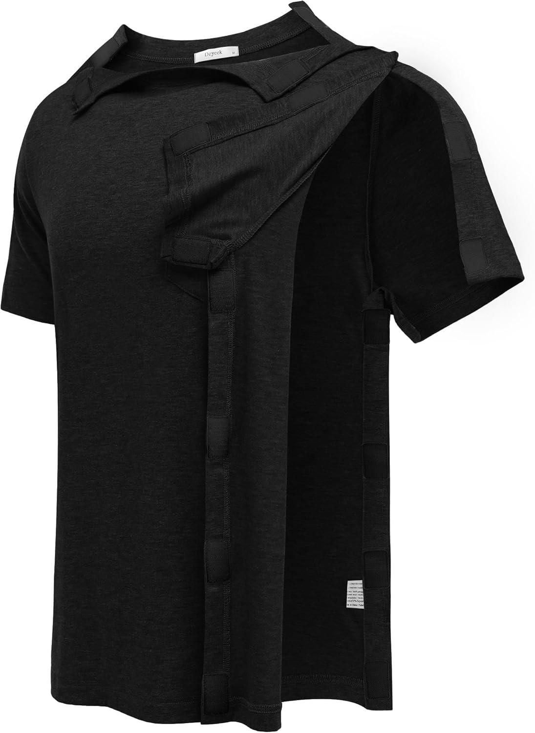 imageDeyeek Shoulder Surgery Shirts for Men Full Tear Away Short Sleeve T Shirt Adaptive Chemo Clothing with Stick On FastenersBlack