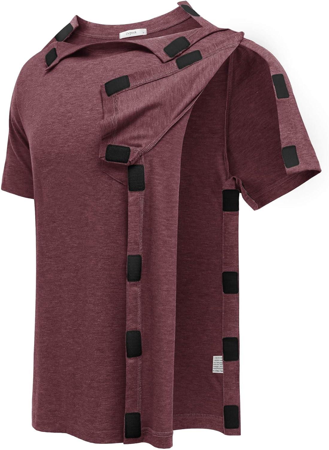 imageDeyeek Shoulder Surgery Shirts for Men Full Tear Away Short Sleeve T Shirt Adaptive Chemo Clothing with Stick On FastenersRed